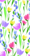 Floral seamless background pattern. Colorful spring flowers hand drawn, vector. Spring summer. Fabric swatch, textile design