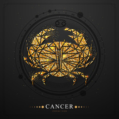 Modern magic witchcraft card with astrology golden Cancer zodiac sign. Golden Crab illustration in polygolan style on black background