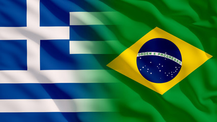 Waving Greece and Brazil National Flags with Fabric Texture