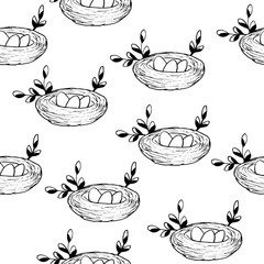 Seamless pattern with Bird's Nest,  Easter eggs and  branches isolated on white background. Natural interlacing. Black and white hand drawn logo. Doodle style. Outline vector illustration.