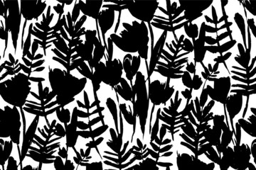 Floral seamless background pattern. Black and white spring flowers hand drawn, vector. Spring summer. Fabric swatch, textile design,wrapping paper