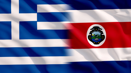 Waving Greece and Costa Rica National Flags with Fabric Texture