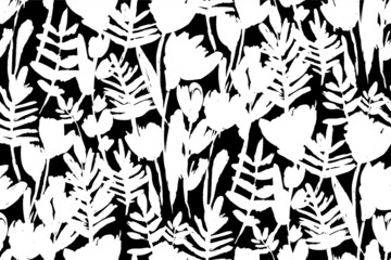 Floral seamless background pattern. Black and white spring flowers hand drawn, vector. Spring summer. Fabric swatch, textile design,wrapping paper
