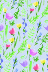 Floral seamless background pattern. Colorful spring flowers hand drawn, vector. Spring summer. Fabric swatch, textile design