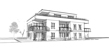 Plan d'un petit immeuble résidence moderne avec balcon et jardin en co-propriété - obrazy, fototapety, plakaty