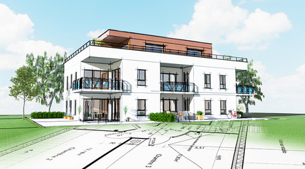 Esquisse avec plan d'un petit immeuble résidence moderne avec balcon et jardin