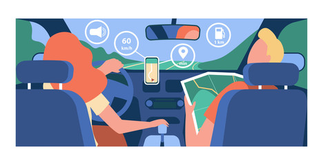 Driver and passenger navigating on road within map and mobile app. Back view of people inside car interior. Vector illustration for navigation, driving, travel, transportation concept - obrazy, fototapety, plakaty