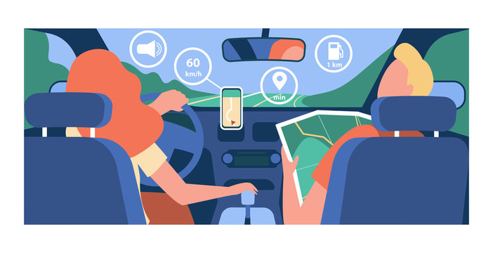 Driver And Passenger Navigating On Road Within Map And Mobile App. Back View Of People Inside Car Interior. Vector Illustration For Navigation, Driving, Travel, Transportation Concept