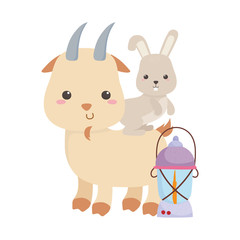 camping cute goat and rabbit with lantern cartoon