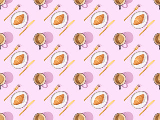top view of cutlery, croissants on plates and coffee on pink, seamless background pattern