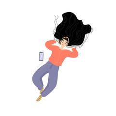 Vector illustration of a girl lying and listening to music with headphones on a white background