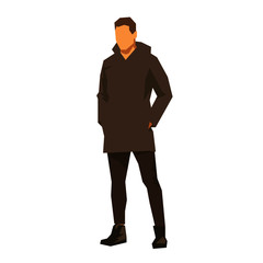 Man in coat standing, geometric flat design. Isolated vector illustration