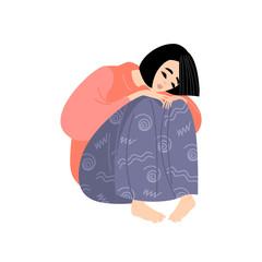 Vector illustration of a sad girl sitting on a white background. Young woman suffering from depression