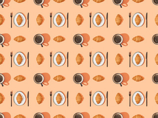 top view of cutlery, fresh croissants and coffee on orange, seamless background pattern