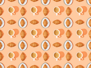 top view of fresh croissants on plates and coffee on orange, seamless background pattern