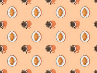 top view of fresh croissants on plates and coffee on orange, seamless background pattern