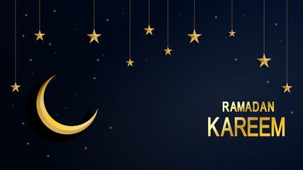 Ramadan Kareem. Night starry sky bright moon, half a month. Traditional Islamic holy holiday. Design greeting card, web banner, poster. Vector background