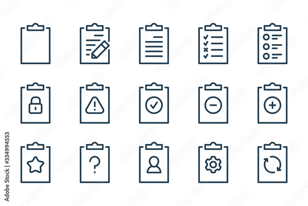 Poster checklist and taskboard related line icons. clipboard, review and survey document vector linear icon