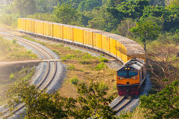 Transportation of cargoes by rail in containers.
