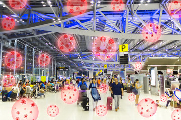 Blur many people in Terminal Departure Check-in at airport risk of infection COVID-19 because the virus nCoV-2019 outbreak and spread throughout the world. Corona virus  WUHAN concept.