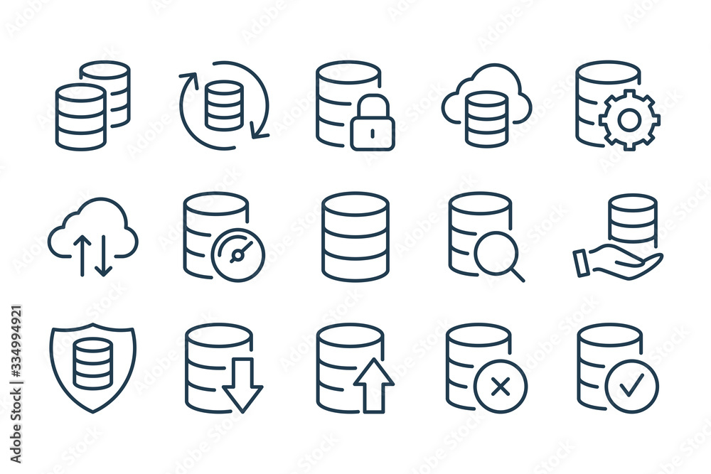 Poster data storage and database related line icons. server and network vector linear icon set.