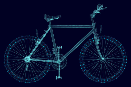 Bicycle wireframe made of blue lines with luminous lights on a dark background. Side view. Vector illustration