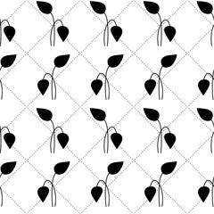 Abstract floral seamless pattern with leaves, netting with circles. Simple geometric style. Black and white outline vector background. Decorative squared grid and branches.