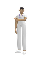 Medical character Young african man doctor in a suit points a finger to copy space. Cartoon person isolated on a white background. 3D rendering.