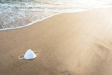 Medical protective mask on the beach.