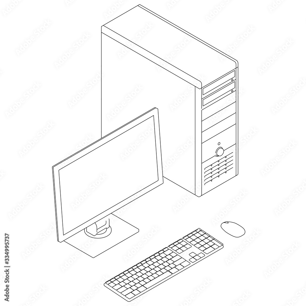 Fototapete Contour of a computer with a system unit, monitor, keyboard and mouse. View isometric. Vector illustration