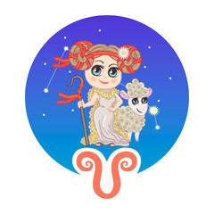 Vector illustration of Aries symbol. Young woman on space background with her sheep. Picture for prints, stickers and design.