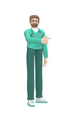 Medical character Young white man doctor in a suit points a finger to copy space. Cartoon person isolated on a white background. 3D rendering.