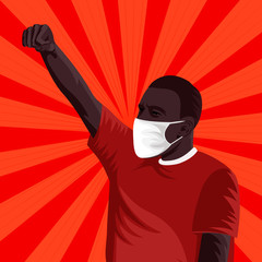 Dark skinned man wearing medical mask raised hard clenched fist vector illustration. Angry rioter on red retro background.