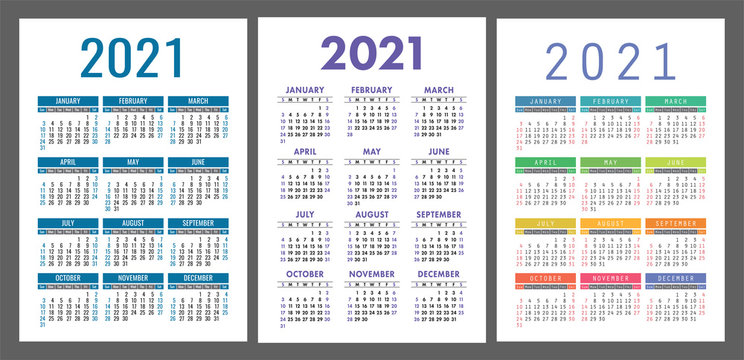 Calendar 2021 year set. Vector pocket or wall calender template collection. Simple design. Week starts on Sunday. January, February, March, April, May, June, July, August, September, October