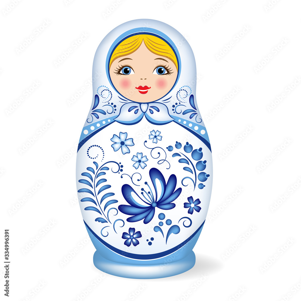 Wall mural Russian wooden nesting doll. Babushka or Matryoshka. Decorated with Gzhel, Russian traditional painted floral pattern. Folk arts and crafts.