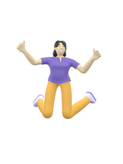 3D rendering character of an Asian girl jumping and dancing holding his hands up. Happy cartoon people, student, businessman. Positive illustration is isolated on a white background.