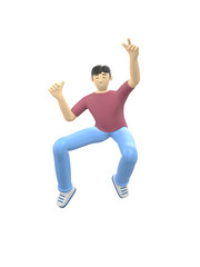 3D rendering character of an Asian guy jumping and dancing holding his hands up. Happy cartoon people, student, businessman. Positive illustration is isolated on a white background.
