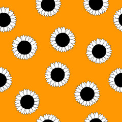 Summer colorful seamless pattern with black and white sunflowers on orange background. Cartoon style. Design for fabric, textile, posters, card, paper. Flowers with leaves. Vector illustration.