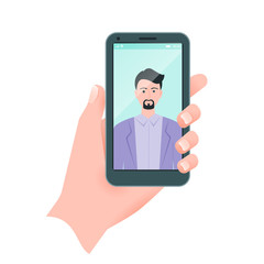 Vector flat guy taking self portrait. Human hand holding mobile phone.