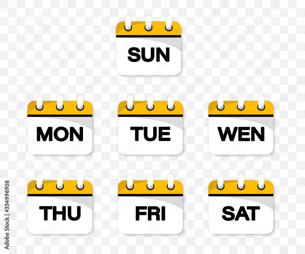 Poster Calendar web buttons - Days of the week. The days of week badges. Set of Every Day of a Week Calendar Icons in Trendy Flat Style