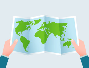 Green folded paper world map with hands vector illustration.