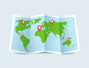 Green folded paper world map with pins vector illustration.