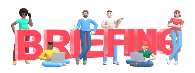 Group of young multiethnic successful people with laptop, tablet, phone and word briefing on white background. Horizontal banner cartoon character and text website slogan. 3D rendering.