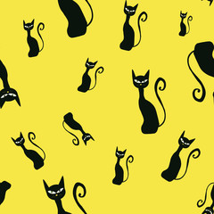 Black cats pattern on yellow background. Seamless kids pattern. Halloween print. Packaging, wallpaper, textile, fabric design. Magic, witchcraft