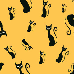 seamless pattern with black cats on orange background. Halloween print. Kids design. Packaging, wallpaper, textile, fabric design