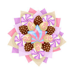 Bouquet of Twisted Candies and Sweets Chocolate Covered in Paper Wrap View from Above Vector Illustration
