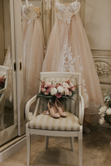 wedding dress, bouquet and shoes