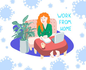 work from home coronavirus covid-2019 prevention - woman with red hair sits on a sofa at a coffee table and works