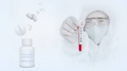 virus researcher with coronavirus covid19 blood sample on hand on white background with coronavirus...