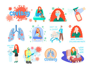 set of 12 coronavirus illustrations, covid-19 symptoms, preventions and treatment, quarantine motivational collection, 2019-nCoV wuhan virus